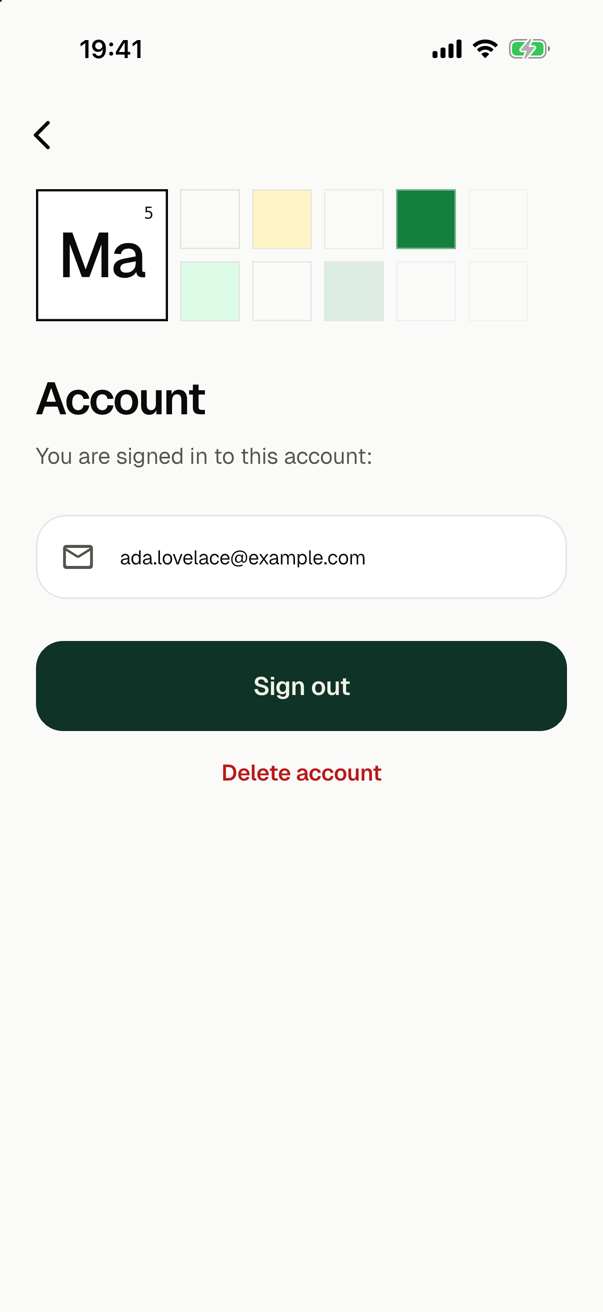 The screen of the account: a back button, the title Account, the line You are signed in to this account:, a card with ada.lovelace@example.com, the button Sign out, and Delete account in red below it.