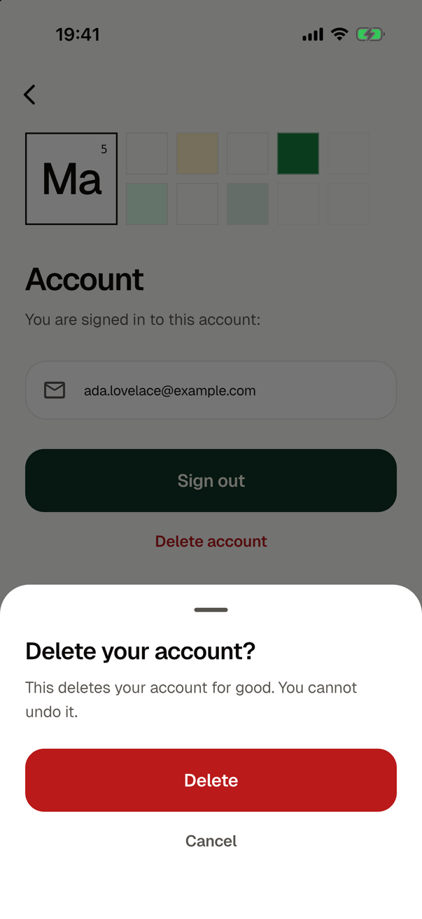 The sheet that asks before a deletion, over the dimmed screen of the account: the title Delete your account?, a line that says the deletion cannot be undone, a red button Delete, and Cancel.
