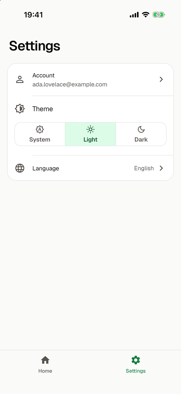 The settings screen in the light theme, in English: one card with the row Account, which shows ada.lovelace@example.com and an arrow, above the entry Theme and the row Language. Below is the tab bar with Settings selected.