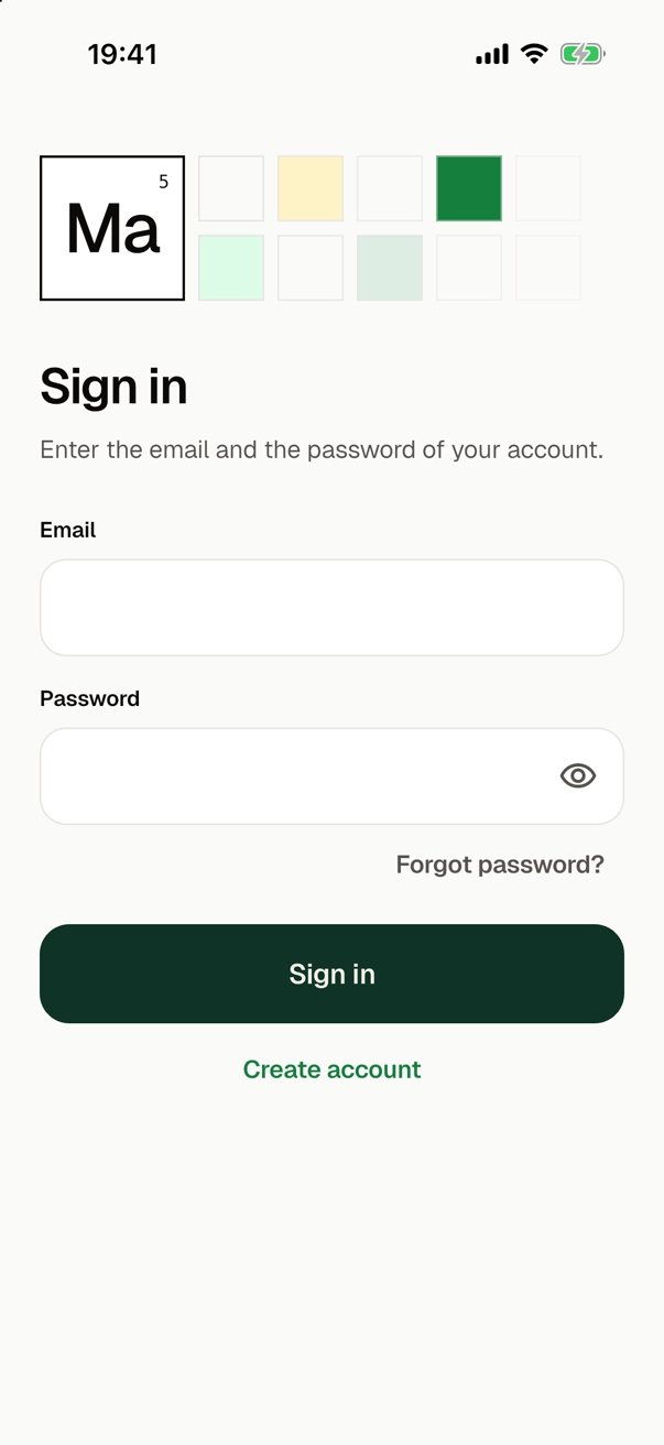 The sign-in in the light theme, in English: the cell Ma 5 among the cells of a table, the title Sign in with a line of text below it, the fields Email and Password, Forgot password? at the end of the password field, the button Sign in, and Create account in green below it.