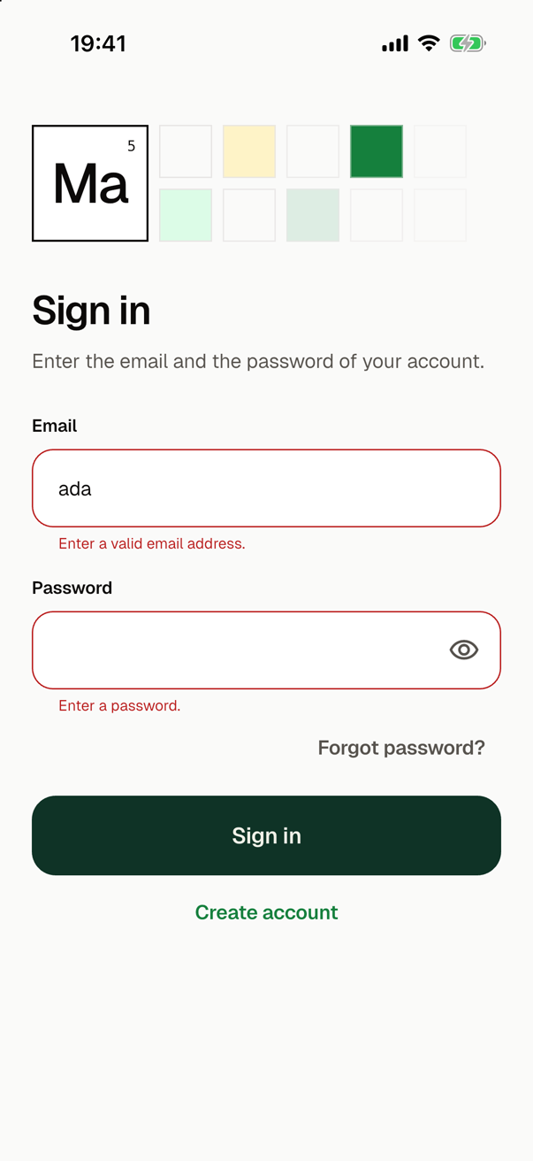The sign-in after a tap on Sign in with ada as the address and no password: both fields have a red line around them, with Enter a valid email address. below the first and Enter a password. below the second.