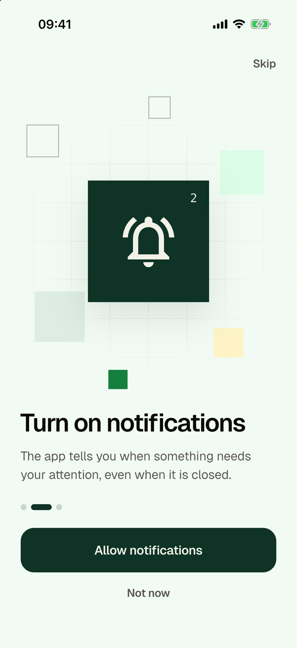 The step of the notifications in the onboarding: a dark green cell with a bell, the title Turn on notifications, the text The app tells you when something needs your attention, even when it is closed., the button Allow notifications, and Not now below it.