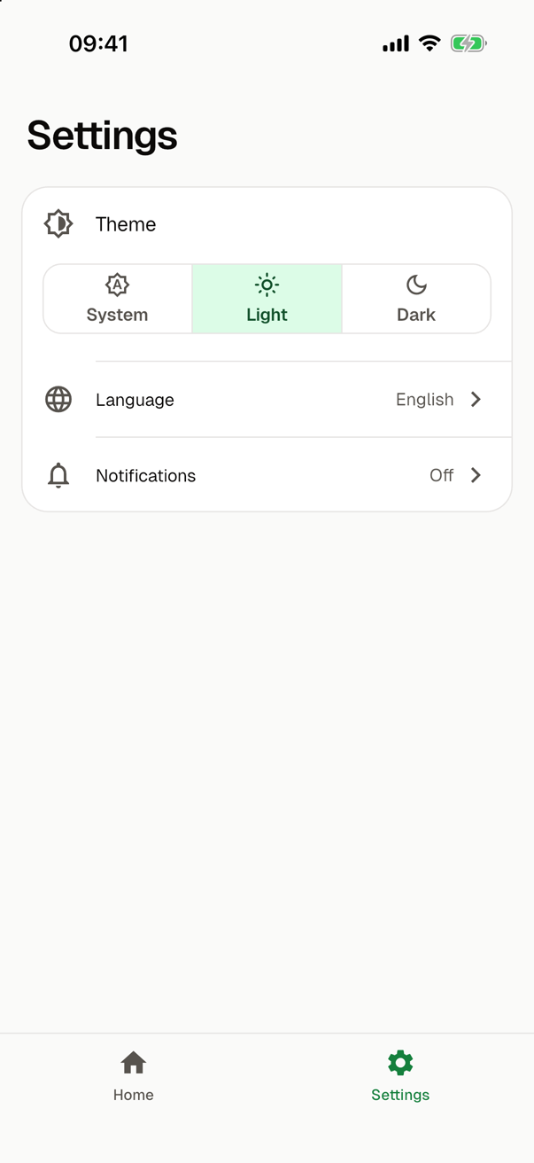 The settings screen in the light theme, with the entry Theme, the row Language and the row Notifications with the value Off.