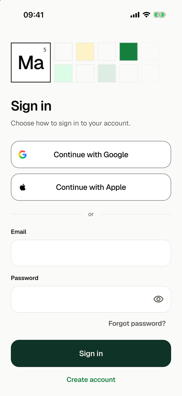 The sign-in of sign_in in the light theme: the title Sign in with the line Choose how to sign in to your account. below it, the white buttons Continue with Google, with the colored G, and Continue with Apple, with the Apple logo, then or and the form for an email address and a password.
