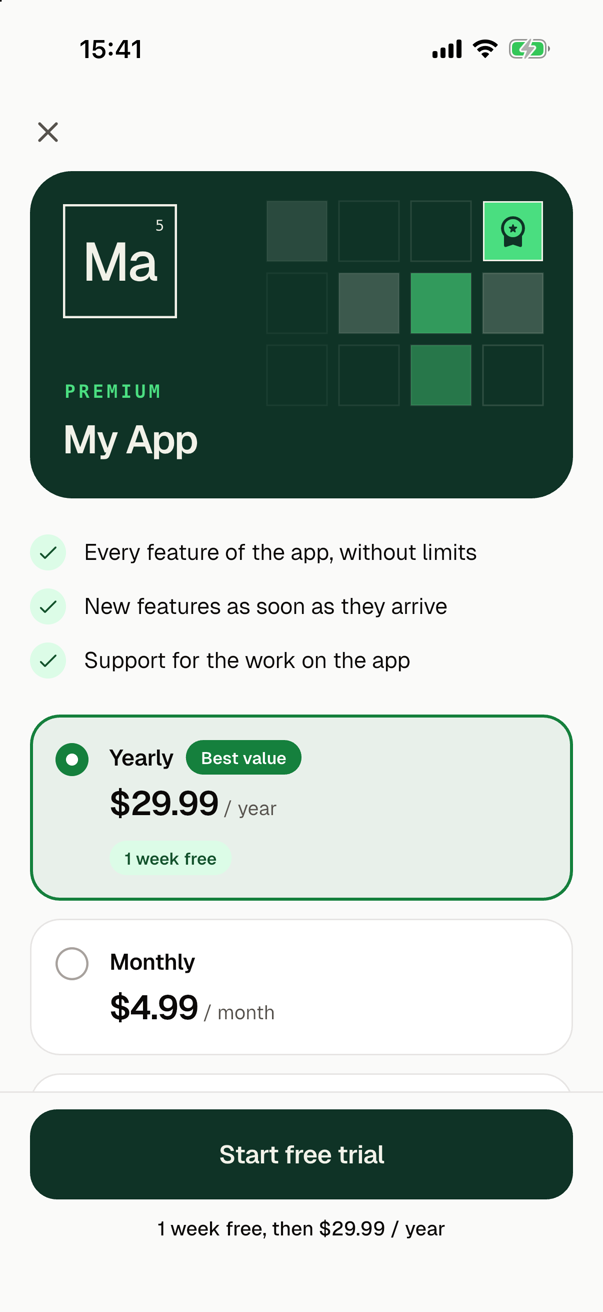 The paywall over the settings screen, in the light theme, in English: a close button, the dark green card with the cell Ma 5, Premium and My App, three benefits with checks, the selected plan Yearly with the badge Best value, $29.99 / year and 1 week free, the plan Monthly with $4.99 / month, and at the bottom the button Start free trial with 1 week free, then $29.99 / year below it.