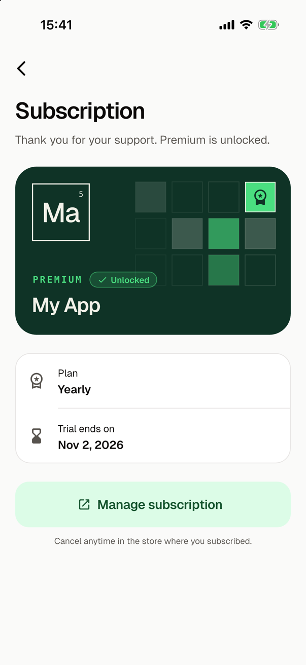 The screen of the subscription after the purchase of the yearly plan: a back button, the title Subscription, Thank you for your support. Premium is unlocked., the card with the badge Unlocked, the plan Yearly and the date on which its trial ends, and the button Manage subscription with Cancel anytime in the store where you subscribed. below it.