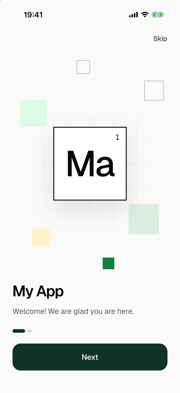 The first page of the onboarding: a cell with the symbol Ma and the number 1 among smaller cells, the title My App with a welcome below it, Skip at the top, a mark for each page, and the button Next.
