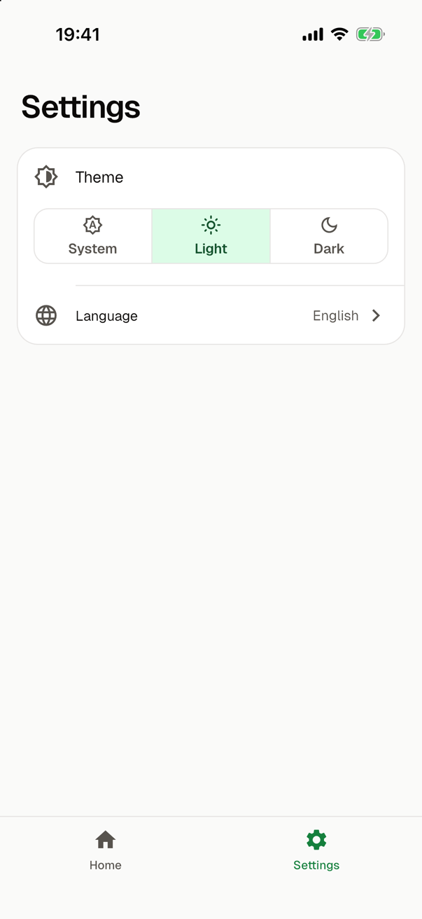 The entry Theme on the settings screen, with the segment Light selected and the app in the light theme.