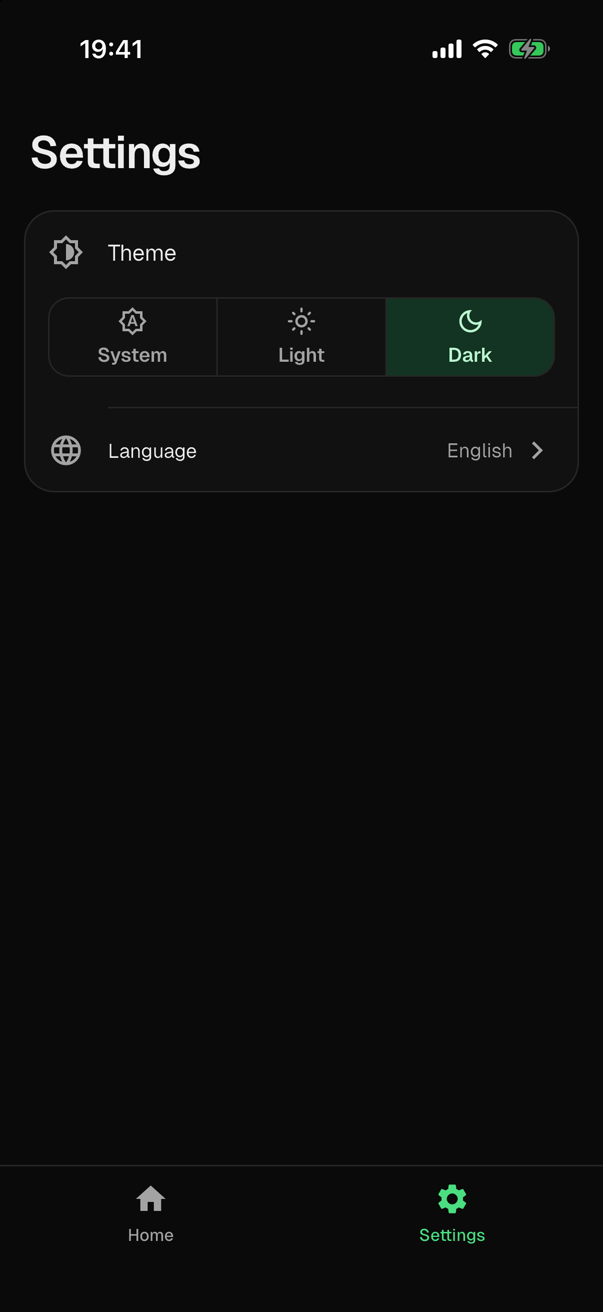The same entry after a tap on Dark: the segment Dark is selected, and the app is in the dark theme.